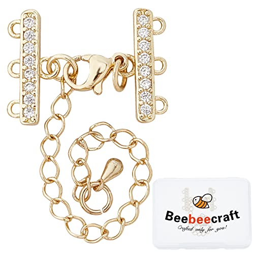 Beebeecraft Juego de 2 cierres chapados en oro de 18 quilates con cierres de langosta, conector de cadena ajustable, circonita cúbica de 3 hebras para collares y pulseras, joyería Cover