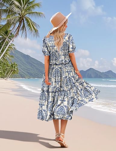YESNO Summer Floral Midi Dresses for Women V Neck Puff Short Sleeve Frill Trim Dress with Pockets EVX3