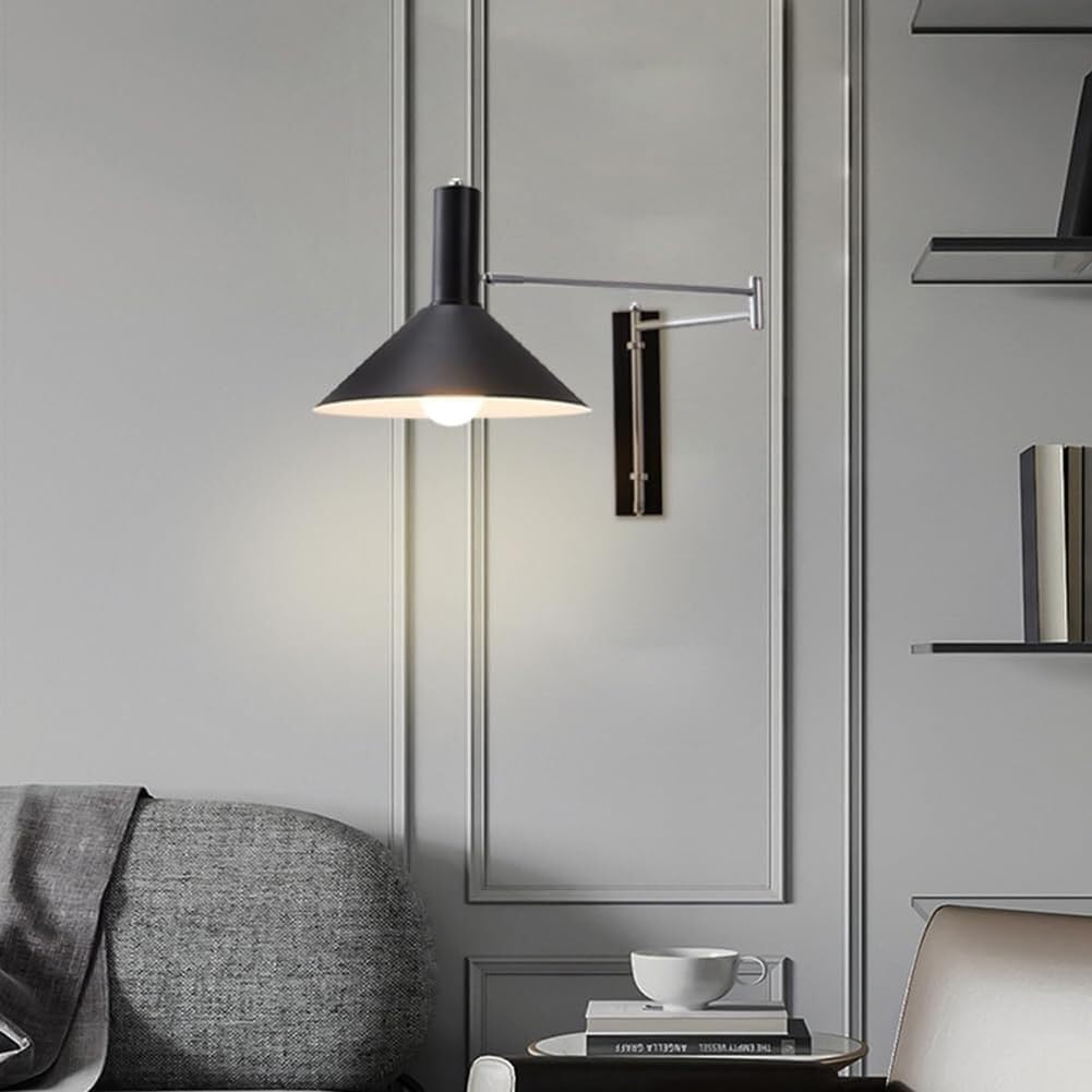 Schwenkarm Wandleuchten mit Schalter und Kabel Wandlampe lnnen Vintage Industrie Wandbeleuchtung Verstellbar Langer Arm Wand Leselampe Drehbare 360 ° Flexarm für Wohnzimmer Büro,Schwarz