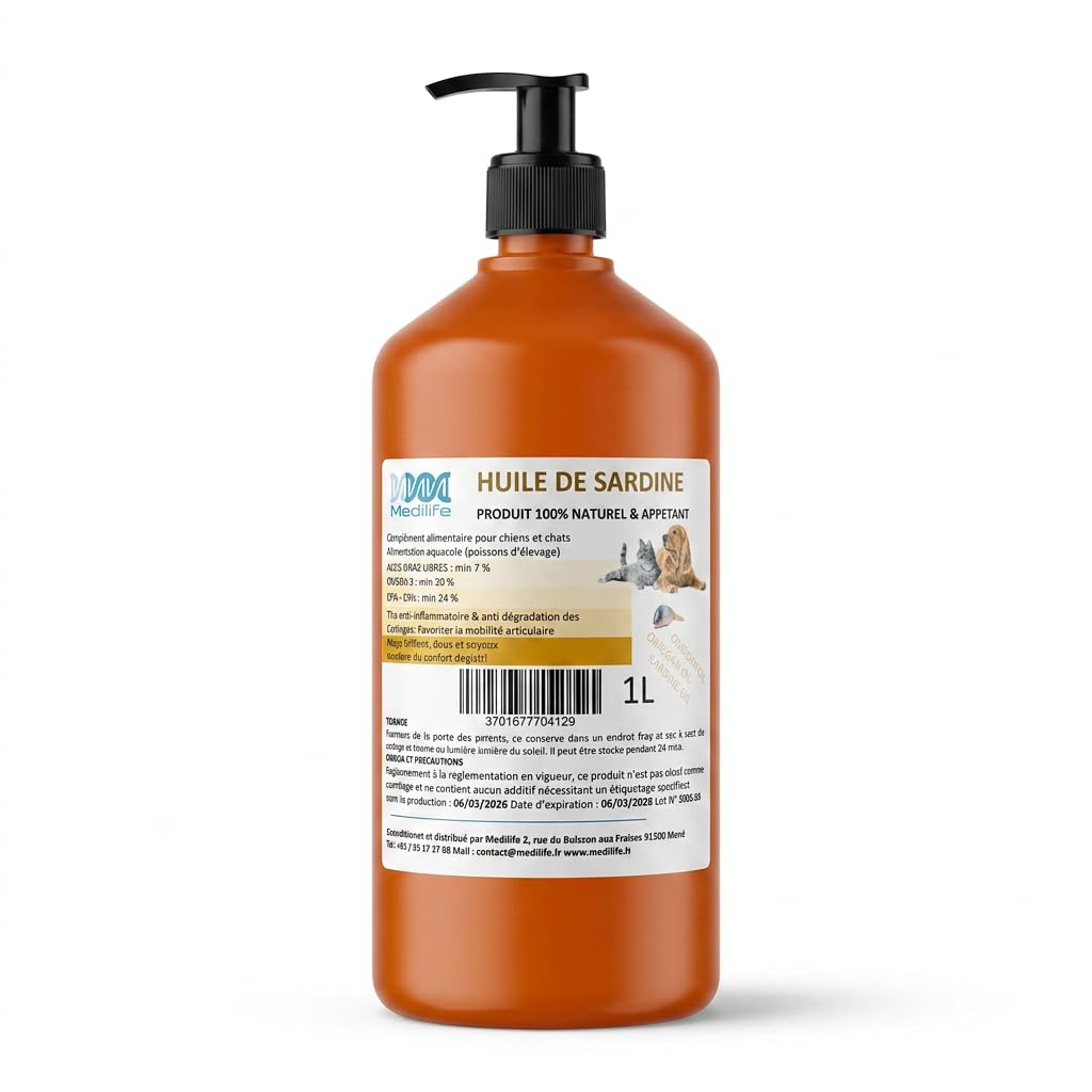 1L Huile de Sardine 100% Naturelle pour Chiens, Chats et Chevaux, Très Riche en Oméga 3-6-9 et Vitamines E | Fabriqué en UE