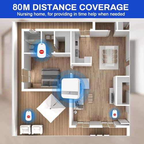 Image of HANNEA Wireless Call Button for Elderly at Home Emergency Caregiver Pager Neck Pendant Portable Alert Button for Seniors Low Power Medical Alert Systems 100 M (2 Caregiver Call Buttons + 1 Receiver)