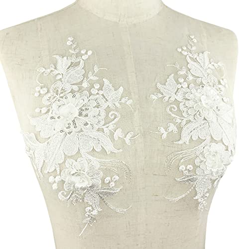 Betiteto 3D Flower Lace Appliques 1 Pair White Embroidered Floral Sew On Embroidery Patches For Wedding Bridal Dress Gown Clothing Bodice Craft Diy (#2 Sequin Flower) #TOP2