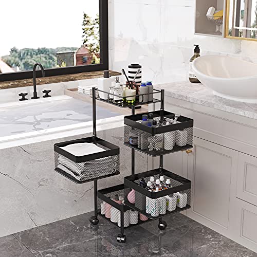 Xinyourui Rotating Kitchen Storage Rack，Bathroom Shelf，Kitchen Organization And Storage，Bathroom Storage Organizer，Fruit Basket，Rolling Carts With Wheels(Black, 4 Tier-Square) #TOP6