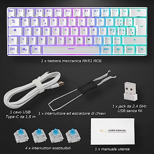 RK61 Tastiera Gaming Meccanica, 60% Tastiera Wireless 2.4Ghz/Bluetooth/USB-C RGB Backlit Interruttore Rosso Hot Swap Double-Shot ABS Keycaps Compatibile con Win/Mac, Bianco (QWERTY Layout Italiano) - Tastiera gaming - Immagine 8