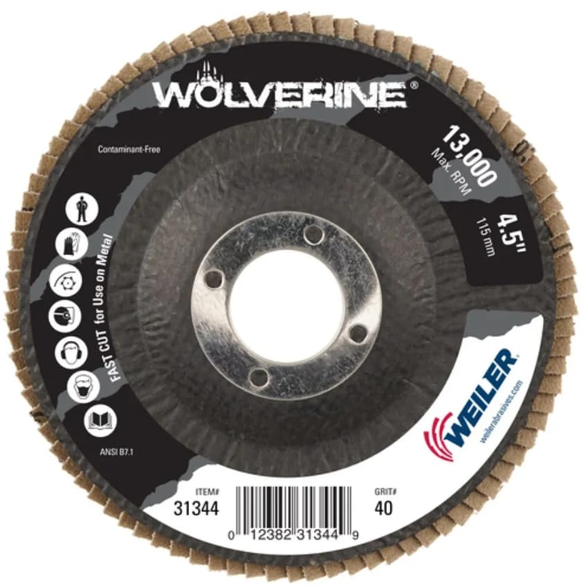 Weiler 31344 Wolverine 4-1/2" x 7/8" Arbor Hole Abrasive Flap Disc, 40 Grit Zirconia Alumina, Bevel Type 29, Phenolic Backing, Standard Density (Pack of 10)