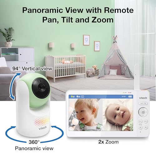 Image of VTech Baby Monitor No WiFi, 2 Cameras, 7 inch Split IPS Screen, 5000mAh 12Hr Battery, 360 Pan Tilt Zoom, Night Vision, Night Light| Advanced Max Twin Green