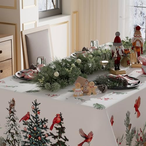 XCHI Cardinal Birds Winter Pine Tree Tablecloth Rectangle Christmas Table Cloth Washable Table Covers for Indoor Dining Home Party Xmas Decorations 60x84 Inch – Image 4