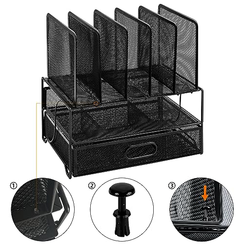 Amazon Basics Mesh Desk Organiser with Sliding Drawer, Double Tray and 5 Upright Sections, Black - Image 3