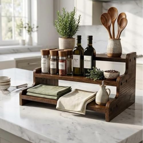 Image of 3 Tier Wooden Kitchen Organizer Rack for Countertop | Wooden Spice Rack Stand for Kitchen Counter | Kitchen Shelf Organizer & Cabinet Shelf Riser | Decorative Masala Rack Storage Stand | Dark Brown