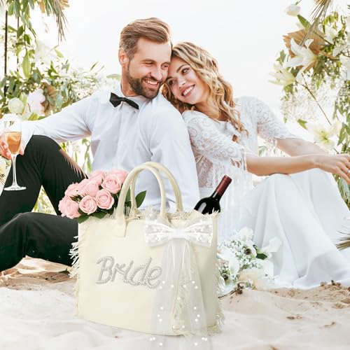 Bolso tote de lienzo para novia grande con lazo y flecos blancos miniatura 2