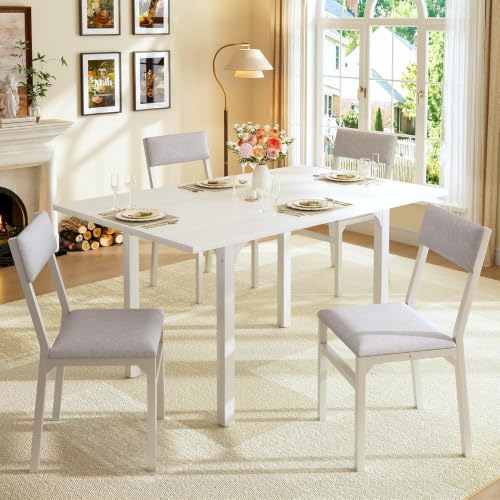 Image of HUAHUU 5-Piece Dining Table Set for 4, Extendable Kitchen Table Set with 4 Upholstered Cushion Chairs, Rectangle Table with Metal Frame & MDF Board, Folding Space-Saving for Small Apartment, White