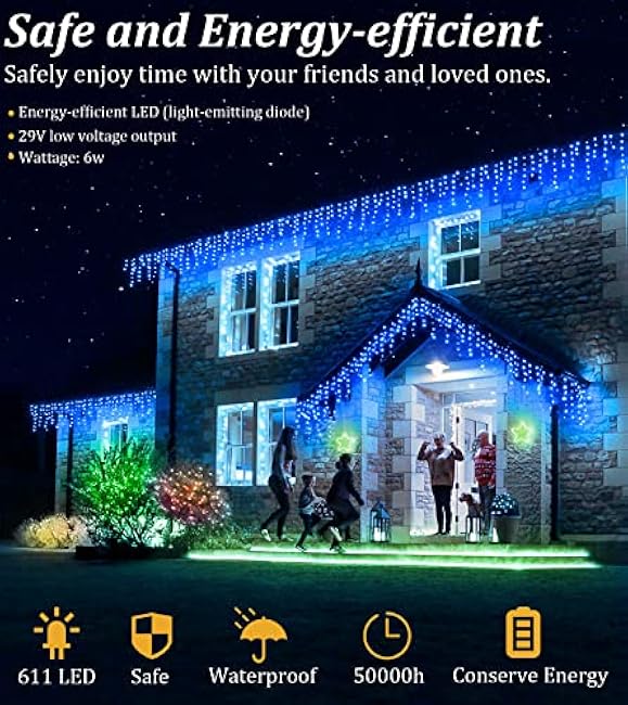 BPAZVUH 66ft Outdoor LED String Lights, 8 Modes with Timer Memory, 611 LEDs on 141 Drops, Waterproof for Holidays, Weddings, Parties (Blue)