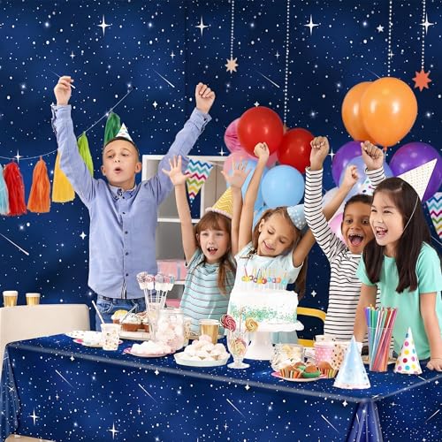Image of Kochorie 100 Ft X 54 Inch Space Galaxy Tablecloth Roll with Cutter Box Disposable Plastic Blue Galaxy Table Cloth Starry Night Wall Backdrop for Space Star Theme Birthday Baby Shower Party Decorations