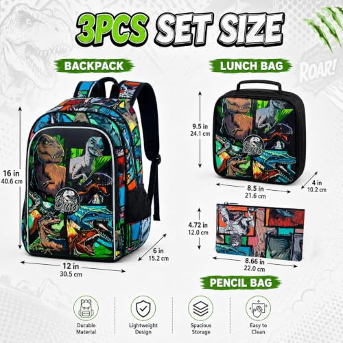 Image of CCJPX 3PCS Dinosaur Backpack for Boys, 16 Inch Water Resistant Preschool Bookbags, Cool Kindergarten School Backpacks and Lunch Box