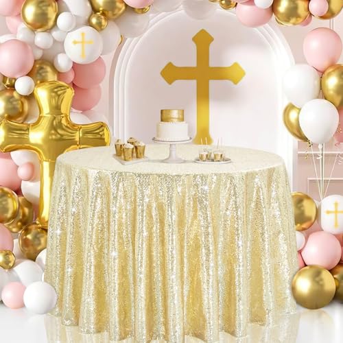 Image of B-COOL Round Sequin Tablecloth Draping Decorations: Light Gold Tablecloths Sequin Overlay Shimmer Fabric for Birthday Dinner Parties Graguation 120 Inch