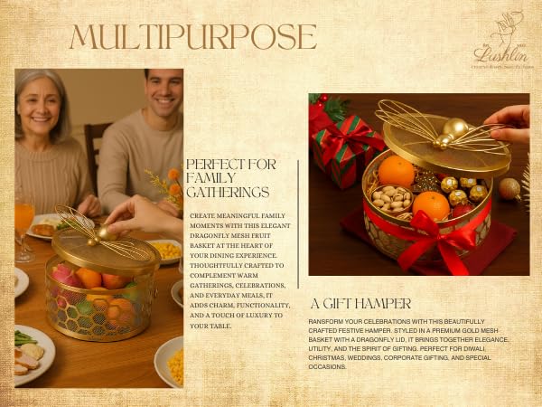 Image of LUSHLIN Metal Fruit Basket with Lid for Kitchen & Dining Table | Insect Proof Mesh Fruit & Vegetable Basket | Countertop Storage Basket for Fruits, Vegetables & Snacks (Gold, 28.5 cm)