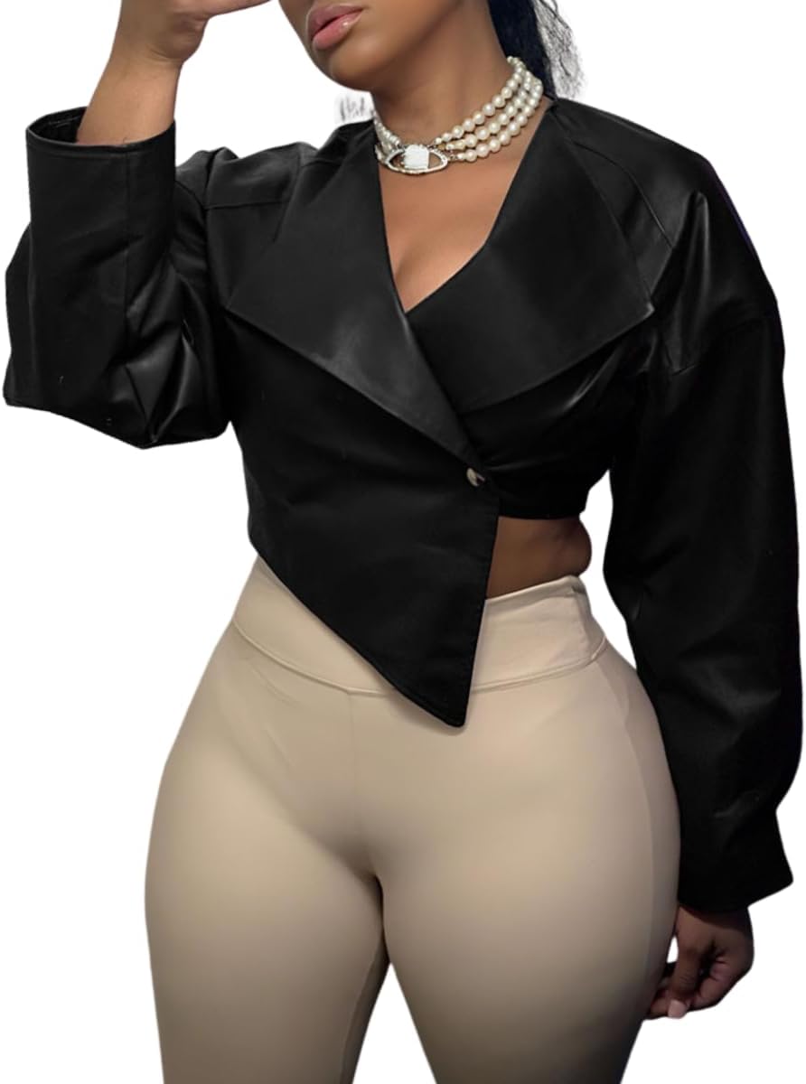 Glitrandi Cropped Faux Leather Jacket Women Trendy Streetwear Fashion Top Coat