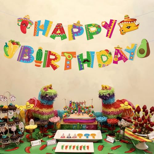 Image of Hooqict Happy Birthday Banner Mexican Birthday Party Decorations Cinco De Mayo Party Banner Taco Garland Hanging Sign for Fiesta Party Decorations Carnival Supplies