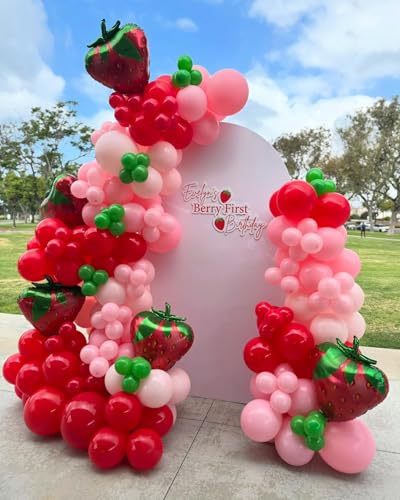 Image of Strawberry Balloons Garland Arch Kit 163pcs, Red and Pink Green Balloons for Sweet Girl Berry First Birthday Themed Baby Shower Valentine's Day Strawberry Party Decorations