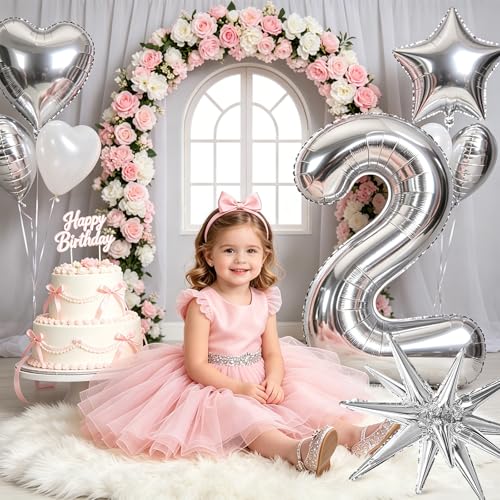 Image of TONIFUL 2nd Birthday Balloons Kit 40Inch Silver Large Number 2 Foil Balloon