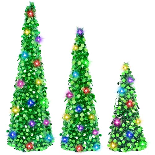 MACTING 3PCS Pop up Christmas Tree with Lights 3FT&4FT&5FT Easy-Assembly Tinsel Tree Coastal Glittery Artificial Pencil Tree for Indoor Apartment Party Winter Xmas Mothers Day Decorations (Green)