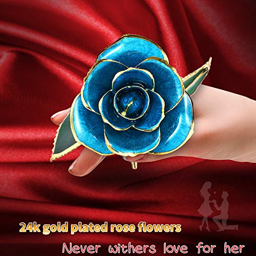 Image of Romantic Rose Gift for her,Eternity Gold Rose Flower 24k Gold Dipped Rose and Romantic Gift for her Rose,SkyBlue with Stand