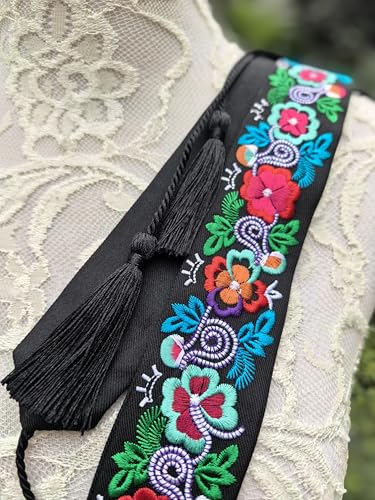 FANFAN Mexican Embroidered Belt for Women Traditional Adjustable Belt Boho Tassel Belt for Wedding Party Dress E43