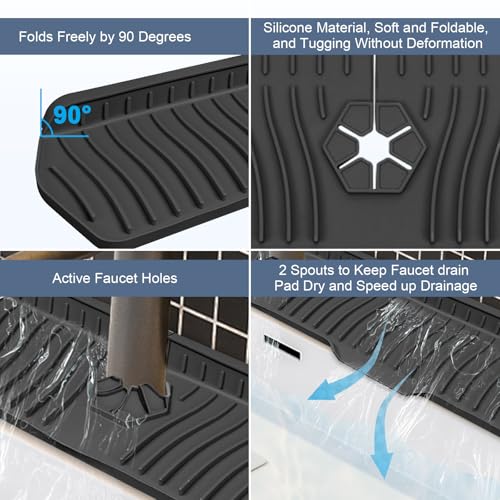 Image of Faucet Guard - 90 Foldable Draining Mat for Kitchen & Bathroom Sink with 2 Drain Ports (Black, 29.9 inch*5.9 inch)