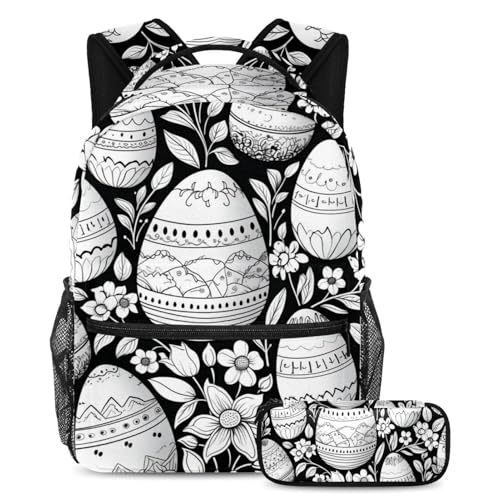 Sac d'école noir et blanc grand volume avec trousse à crayons