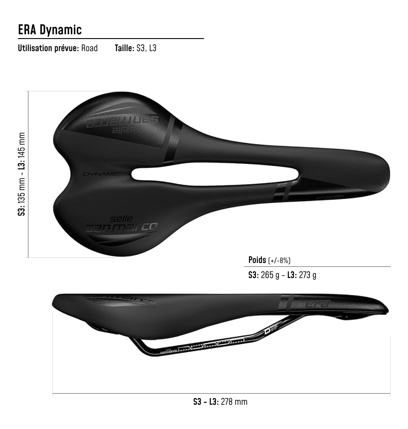 Selle San Marco Era Dynamic - Selle Vélo Confort Ergonomique, Forme Plate, Rail Acier Alliage