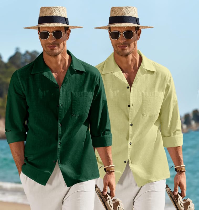 Image of Combo of Men's Casual Cotton Blend Shirt || Long Sleeve Button Down with Spread Collar | Lightweight Breathable Fabric | Stylish Solid Shirt for Beach, Office & Everyday Wear Pack of 2