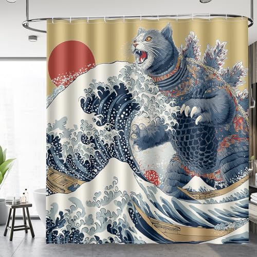 Image of Aimego Funny Cat Shower Curtain Japanese Nautical Anime Ocean Sea Wave Cool Unique Asian Whimsical Humorous Bathroom Decor Bathtub Curtain Fabric Shower Curtain Set with 12 Hooks, 72 inchx72 inch