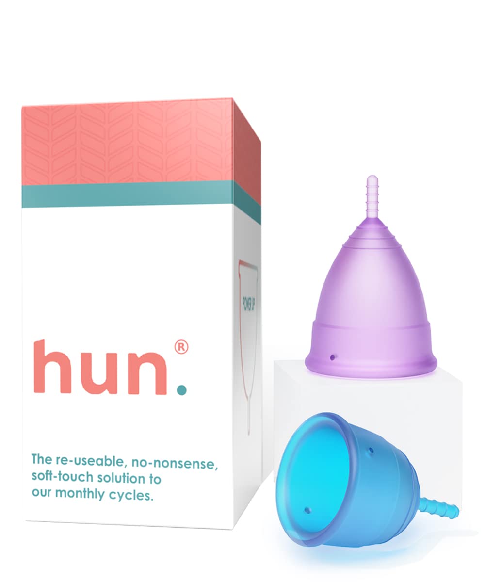 Hun Menstrual Cups – 2 Pack, Small and Regular, Soft Medical-Grade Silicone, Reusable Period Cup, 12-Hour Leak Protection