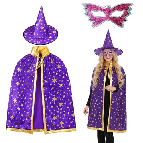 ZocRjvN Juego de 3 disfraces de mago, capa mágica para niños con sombrero y venda para los ojos, disfraz mágico para Halloween, carnaval, representaciones teatrales y juegos de rol para niños y niñas