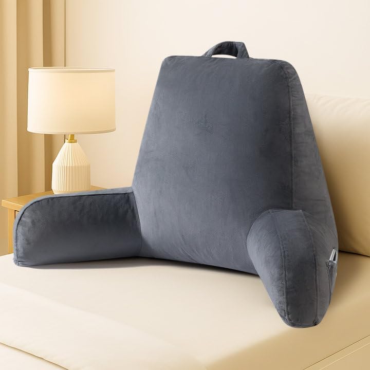 (Similar)Reading Pillow for Sitting in Bed Adult, 18\" H Back Pillow for Bed Sitting Up with Shredded Memory Foam, Back Support Pillow with Washable Cover, Backrest Pillow with Extend Arms, Gery, Large Gery Large