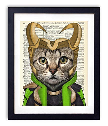 Loki Cat Superhero Kids Bedroom Wall Decor, Vintage Wall Art Upcycled Dictionary Art Print Poster For Kids Room Decor 8x10 inches, Unframed