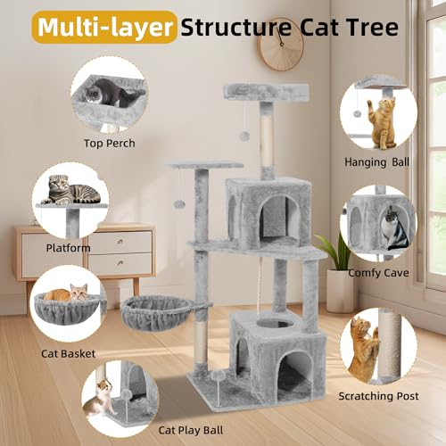 Image of 54inch Large Cat Tree Tower Condo with Hammock for Indoor Cats, Soft Plush Multi-Level Climbing Tree Cat House with Cat Cave, Scratching Post, Sisal Rope, Light Grey