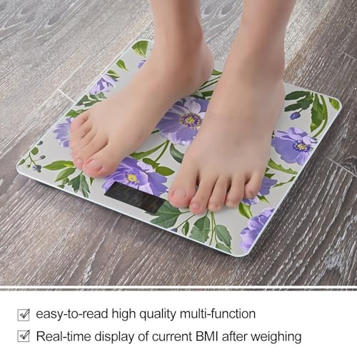 Báscula digital de baño estilo flor púrpura con pantalla LCD grande miniatura 5
