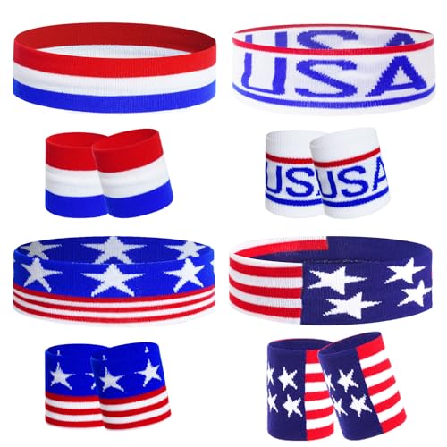 cnomg American Flag Sports Headband and Wristband Set Striped Headband for Men Women Basketball Gym Independence Day Memorial Day Fitness and Holiday Celebrations (Style 1) (Style2)