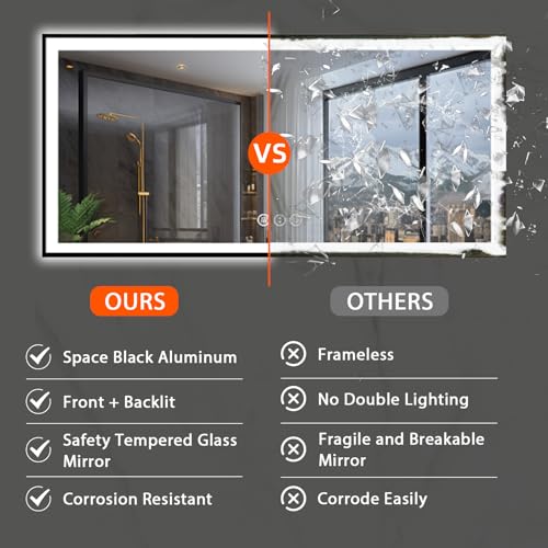 84x40 Large Light up Bathroom Mirror, Wall-Mounted LED Vanity Mirrors, Black Trim and Double Lights, 3 Colors and Stepless Dimming, Anti-Fog, Memory, Shatterproof (Horizontal/Vertical)