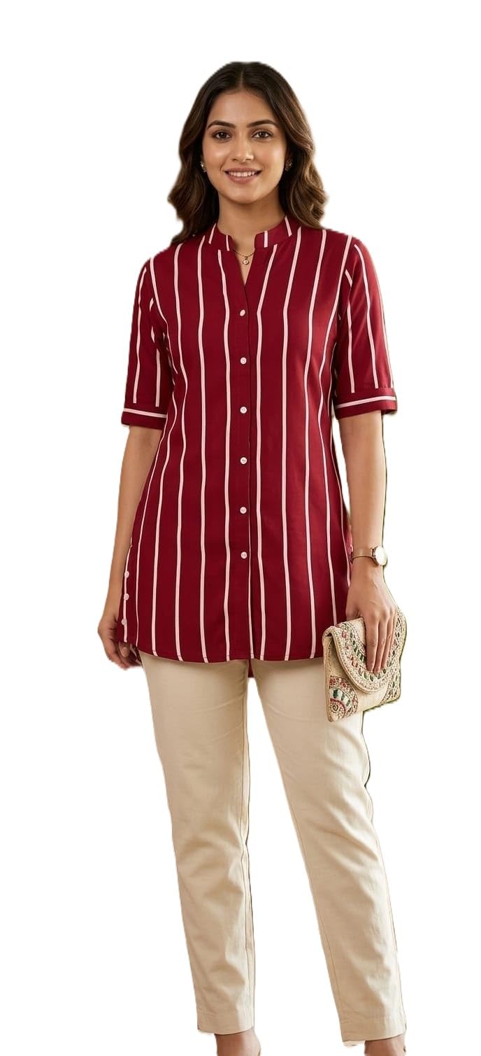 Dennis Lingo Women's Casual Vertical Stripe Long Shirt Top â€“ Half Sleeve Button Down Tunic Kurti Style Blouse, Maroon & White Striped Office Wear Top in white