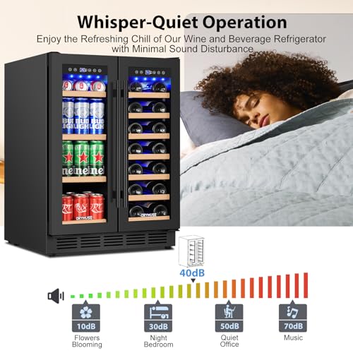 Image of 24 inch Dual Zone Wine & Beverage Refrigerator - Under Counter Cooler with Upgraded Cooling & Blue LED Light, Hold 20 Bottles and 88 Cans Large Capacity Wine Fridge, Built-In or Freestanding - Black