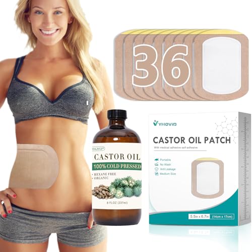 36Pcs Castor Oil Pack Wrap and 8oz Castor Oil Organic Cold Pressed Unrefined Glass Bottle, Disposable Castor Oil Patches, Portable Self-Adhesive Anti Leakage No Wash Caster Oil Wrap Pad Kit