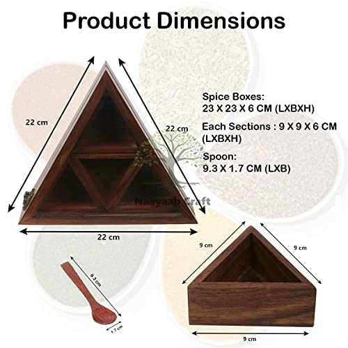 Image of Naayaab Craft Sheesham Wooden Masala Spice Box with Spoon - Anjarai Petti - Spice Box - Triangular Design