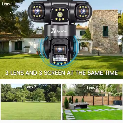 Image of ApnaCam 12+12+12MP 4G SIM PTZ Security Camera, Triple Lens 360 Outdoor CCTV, AI Motion Detection, Full Color Night Vision, Two-Way Audio, Waterproof IP66, SD and Cloud Storage, Works Without WiFi
