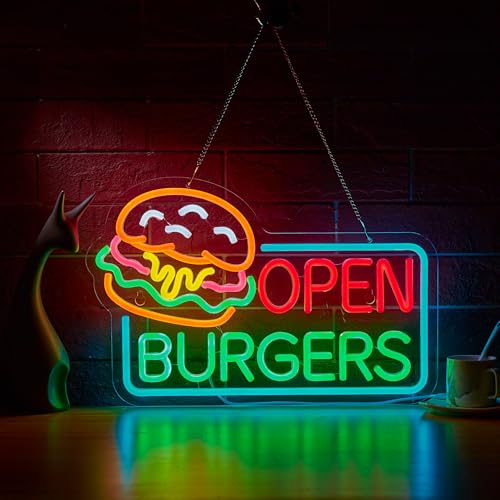 Image of Burgers Open Neon Sign for Wall Decor Dimmable Business Hamburger Food Shop LED Neon Light USB Powered Neon Art Signs Decor