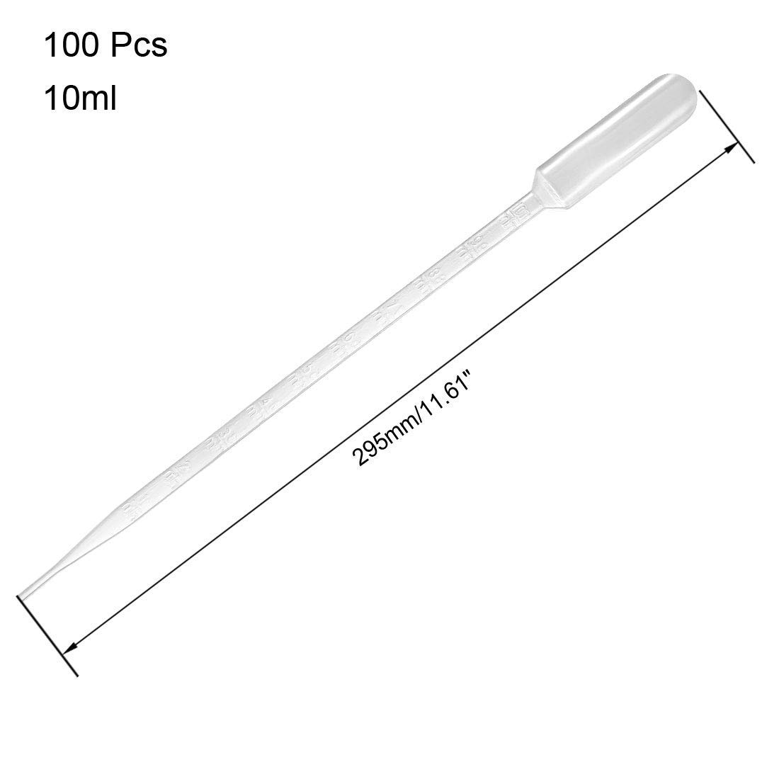 XYWHPGV 100 szt. Plastikowe jednorazowe pipety 10 ml, przezroczyste pipety Pasteura z podziałką, długość 295 mm, płynny zakraplacz do olejków eterycznych do uszu i oczu Alkohol Farba do makijażu Lab(5