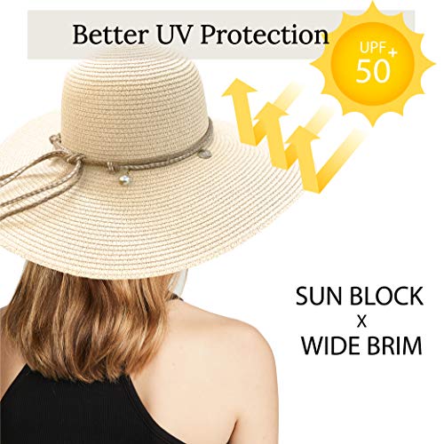 Accsa Wide Brim Beach Hats For Women Adjustable Floppy Sun Hats Foldable Straw Hat Uv Protection Summer Hat Upf 50+ Beige thumb #2