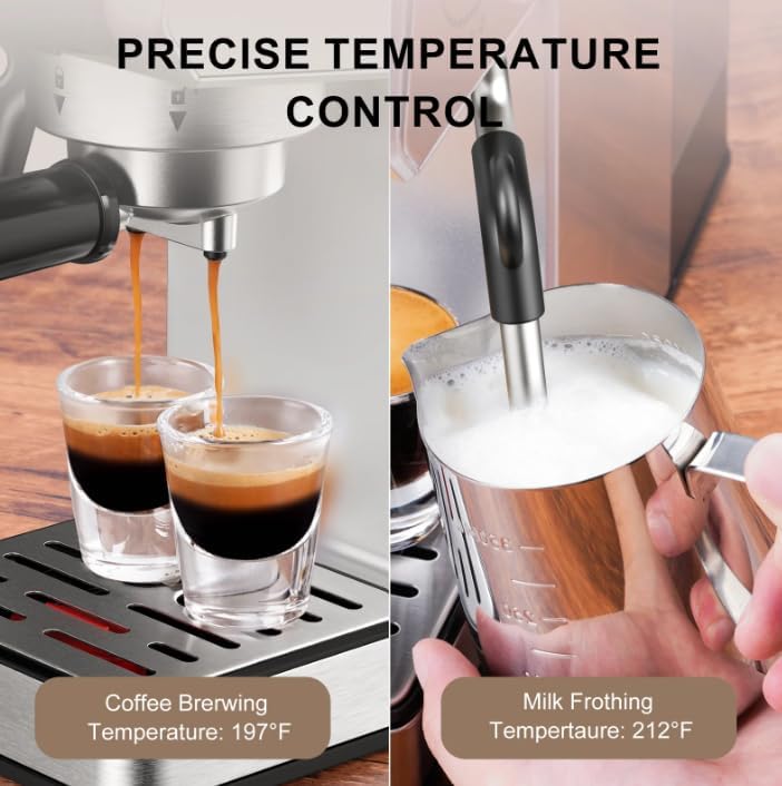 A hand pouring water into the removable water reservoir of the espresso machine.