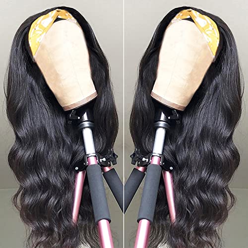 Headband Wig Human Hair Body Wave Wigs None Lace Front Wigs Glueless Brazilian Virgin Hair Machine Made Headband Wigs 150% Density Natural Black Color (20 Inch)